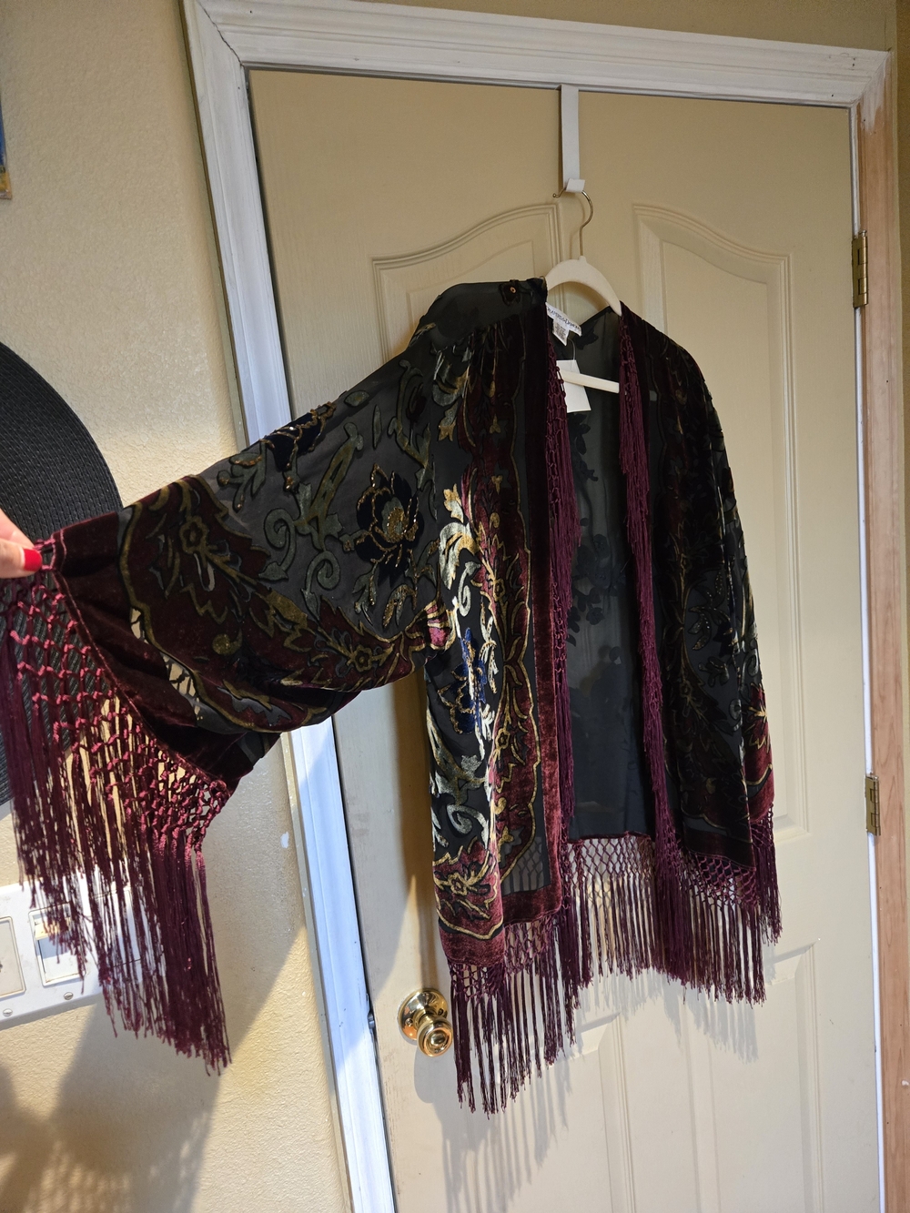 DRAPERS & DAMONS: Sheer Black Floral Embroidered Fringe Kimono with Accents - Picture 3 of 4
